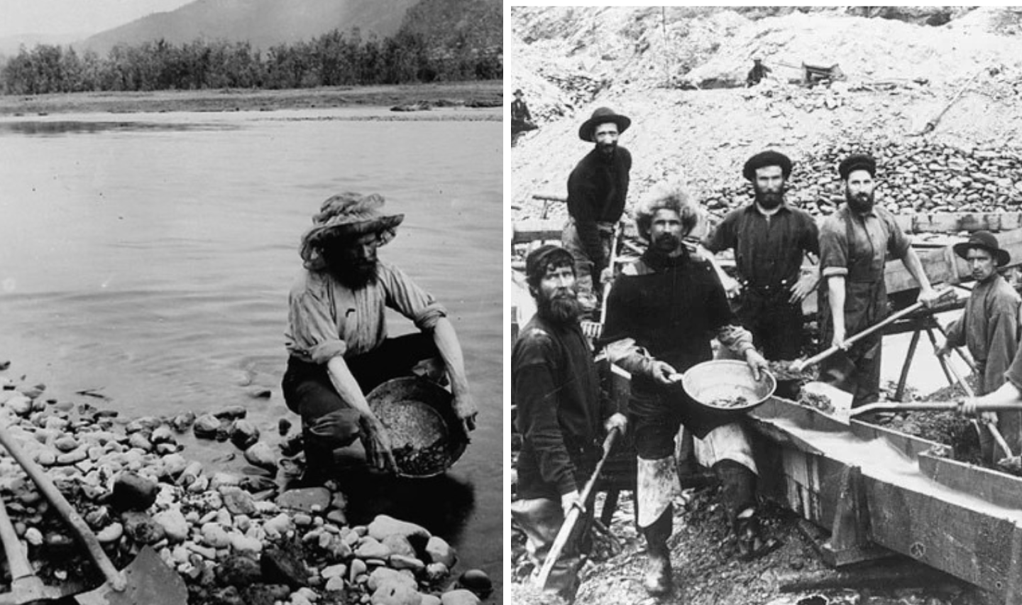 Left: A person pans for gold in a river, surrounded by stones and trees. Right: A group of six miners stand near sluice boxes, holding tools and pans, in a rocky landscape. The image is black and white, evoking a historical setting.