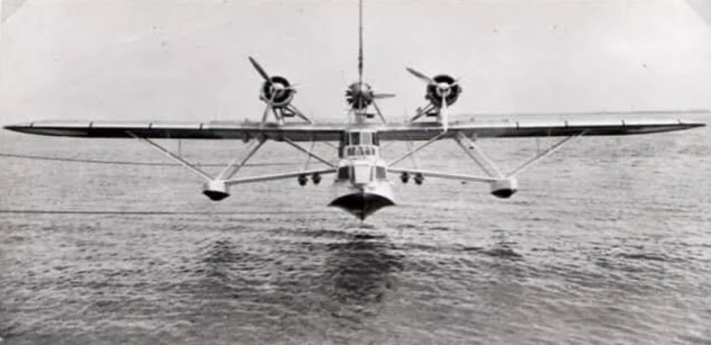 A vintage seaplane with twin propellers is landing on water. The plane's pontoons are making contact with the surface, creating small ripples on the calm sea. It's a black and white photograph, showcasing the aircraft's full frontal view.