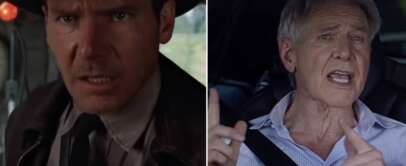 A split image shows two scenes: on the left, a person wearing a fedora with a serious expression; on the right, an older man with gray hair and a striped shirt, sitting in a car and gesturing with one hand.