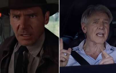 A split image shows two scenes: on the left, a person wearing a fedora with a serious expression; on the right, an older man with gray hair and a striped shirt, sitting in a car and gesturing with one hand.