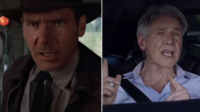 A split image shows two scenes: on the left, a person wearing a fedora with a serious expression; on the right, an older man with gray hair and a striped shirt, sitting in a car and gesturing with one hand.