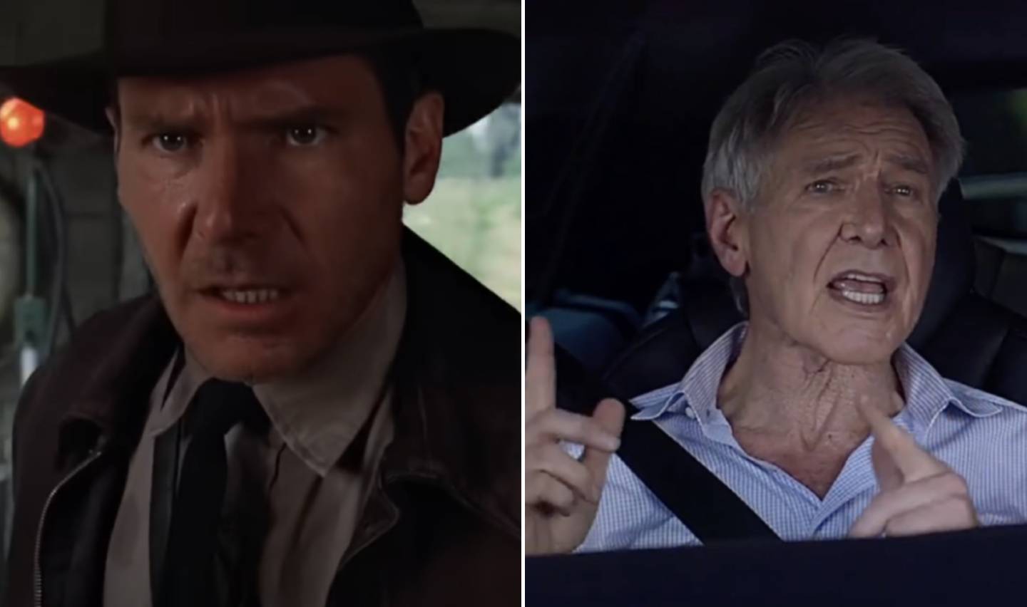 A split image shows two scenes: on the left, a person wearing a fedora with a serious expression; on the right, an older man with gray hair and a striped shirt, sitting in a car and gesturing with one hand.