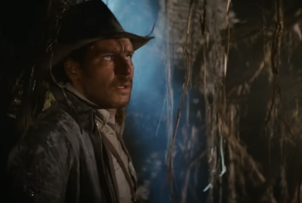 A person wearing a brown fedora and rugged clothing looks upward. They are surrounded by dense foliage and vines, with sunlight filtering through. The scene conveys an adventurous, jungle-like setting.