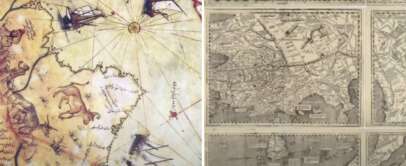 Split image featuring an old nautical map on the left with ships and coastlines, and a series of detailed, black-and-white antique maps on the right, showing geographical and topographical features.