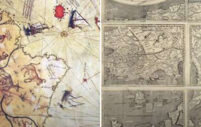 Split image featuring an old nautical map on the left with ships and coastlines, and a series of detailed, black-and-white antique maps on the right, showing geographical and topographical features.