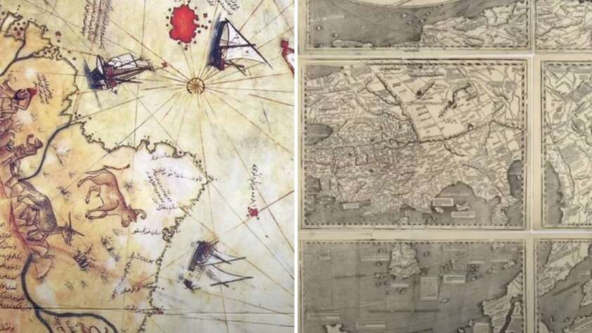 Split image featuring an old nautical map on the left with ships and coastlines, and a series of detailed, black-and-white antique maps on the right, showing geographical and topographical features.