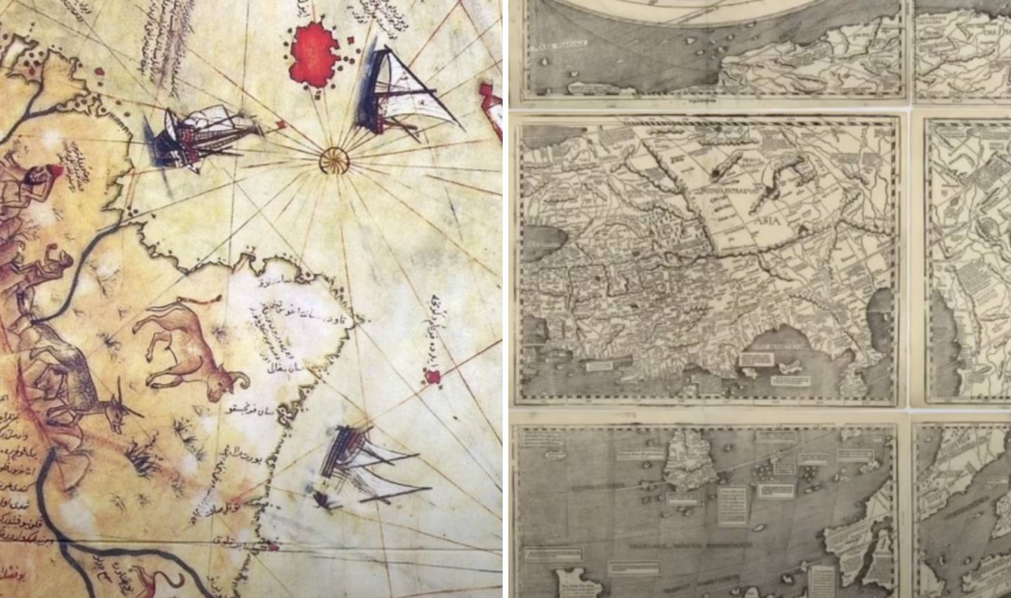 Split image featuring an old nautical map on the left with ships and coastlines, and a series of detailed, black-and-white antique maps on the right, showing geographical and topographical features.