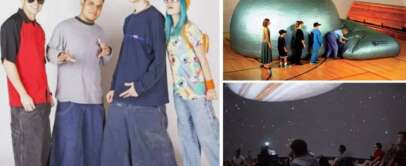 Left: A group of four people wearing baggy pants and colorful outfits, striking poses. Top right: People entering a large, inflatable dome in a gym. Bottom right: People sitting inside the dome, looking at a starry projection on the ceiling.