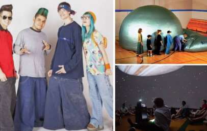 Left: A group of four people wearing baggy pants and colorful outfits, striking poses. Top right: People entering a large, inflatable dome in a gym. Bottom right: People sitting inside the dome, looking at a starry projection on the ceiling.