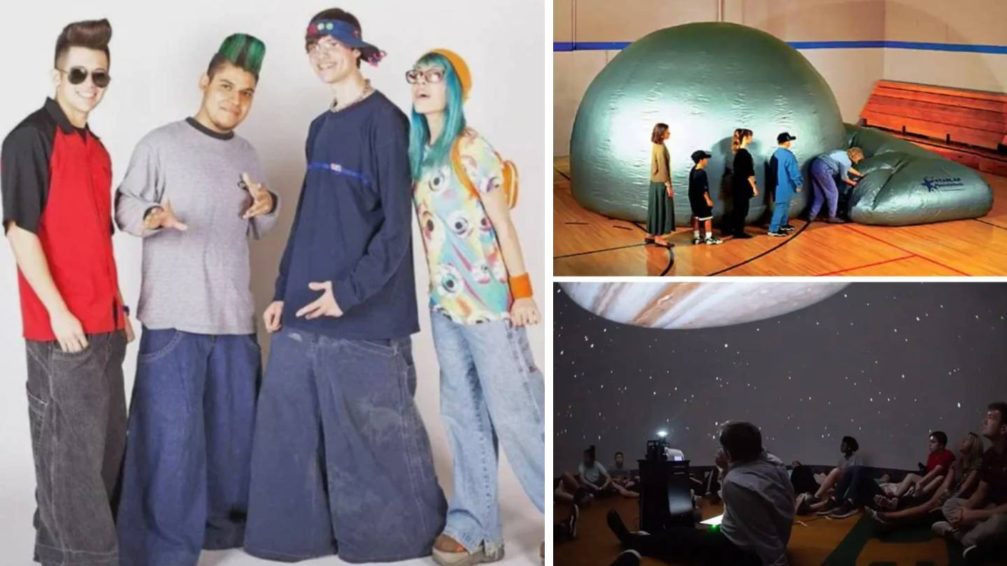 Left: A group of four people wearing baggy pants and colorful outfits, striking poses. Top right: People entering a large, inflatable dome in a gym. Bottom right: People sitting inside the dome, looking at a starry projection on the ceiling.