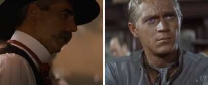 Left: A person in a broad-brimmed hat and vest, viewed in profile. Right: A person with short hair in a rugged shirt gazes intently to the side. Both appear in a Western-style setting.