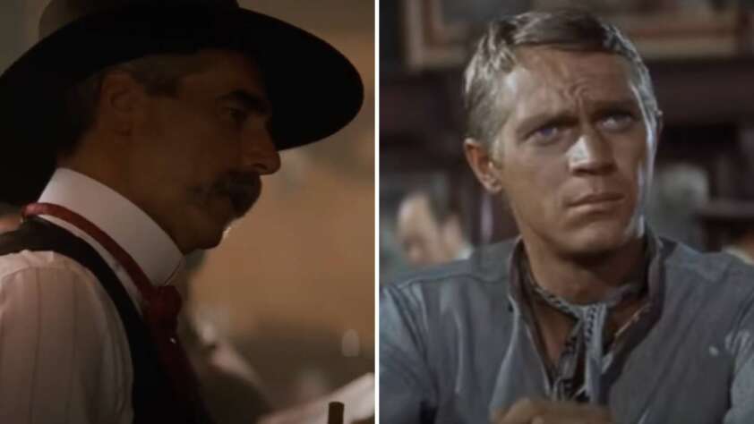 Left: A person in a broad-brimmed hat and vest, viewed in profile. Right: A person with short hair in a rugged shirt gazes intently to the side. Both appear in a Western-style setting.