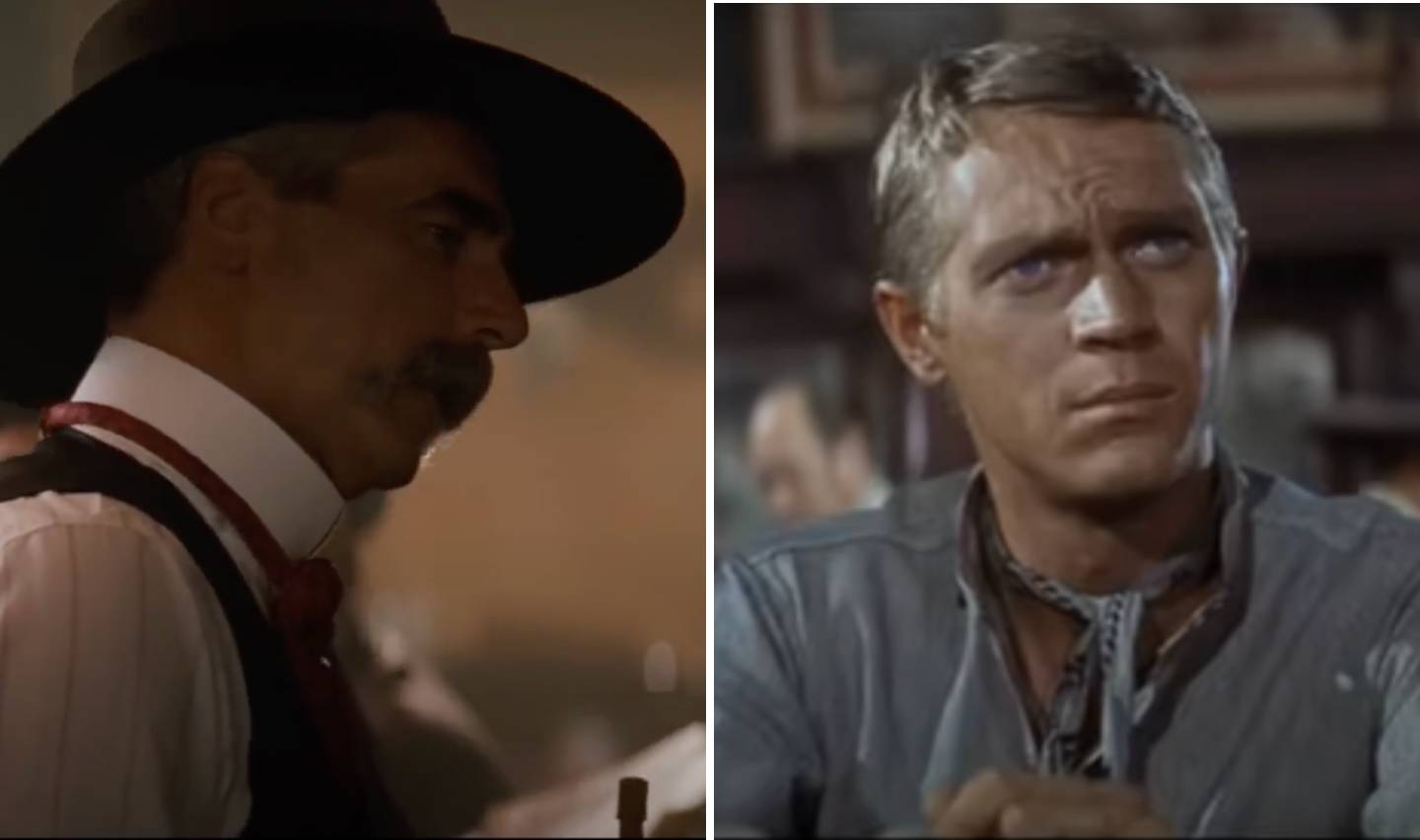 Left: A person in a broad-brimmed hat and vest, viewed in profile. Right: A person with short hair in a rugged shirt gazes intently to the side. Both appear in a Western-style setting.