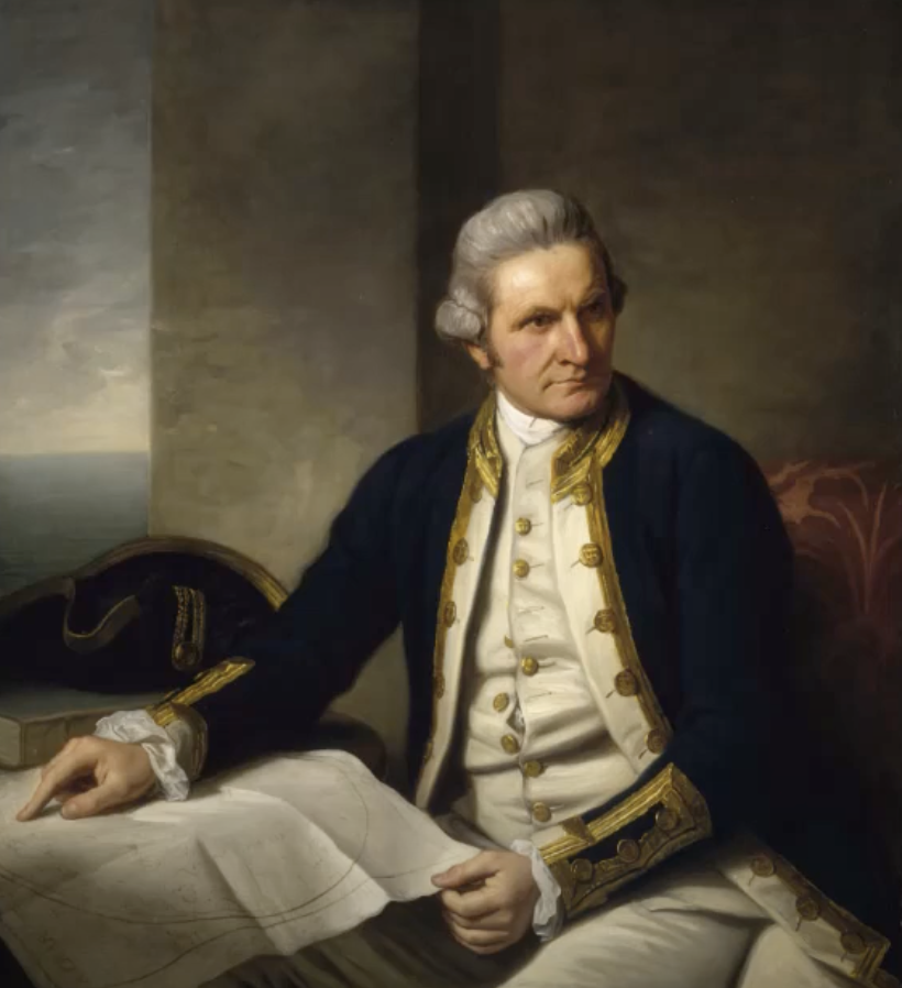 A historical painting depicts a man in an 18th-century naval uniform, seated by a table with a map. He has gray hair and a focused expression. The background shows a window with a view of the sea.