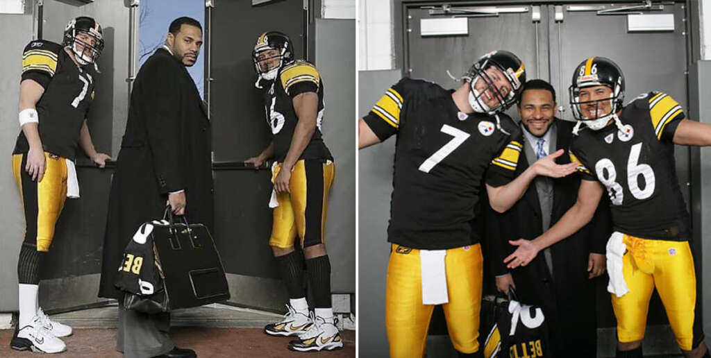 Two side-by-side images of three men in football gear and black jackets. On the left, two players look back while entering a door, with a suited man in the middle. On the right, the three pose cheerfully with smiles and open arms.