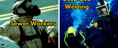 Split image of a sewer worker in protective gear emerging from a manhole, and a deep-sea welder in a diving suit underwater, both with yellow text labels.