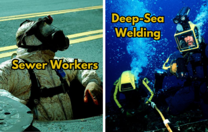 Split image of a sewer worker in protective gear emerging from a manhole, and a deep-sea welder in a diving suit underwater, both with yellow text labels.