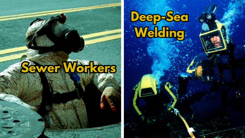 Split image of a sewer worker in protective gear emerging from a manhole, and a deep-sea welder in a diving suit underwater, both with yellow text labels.