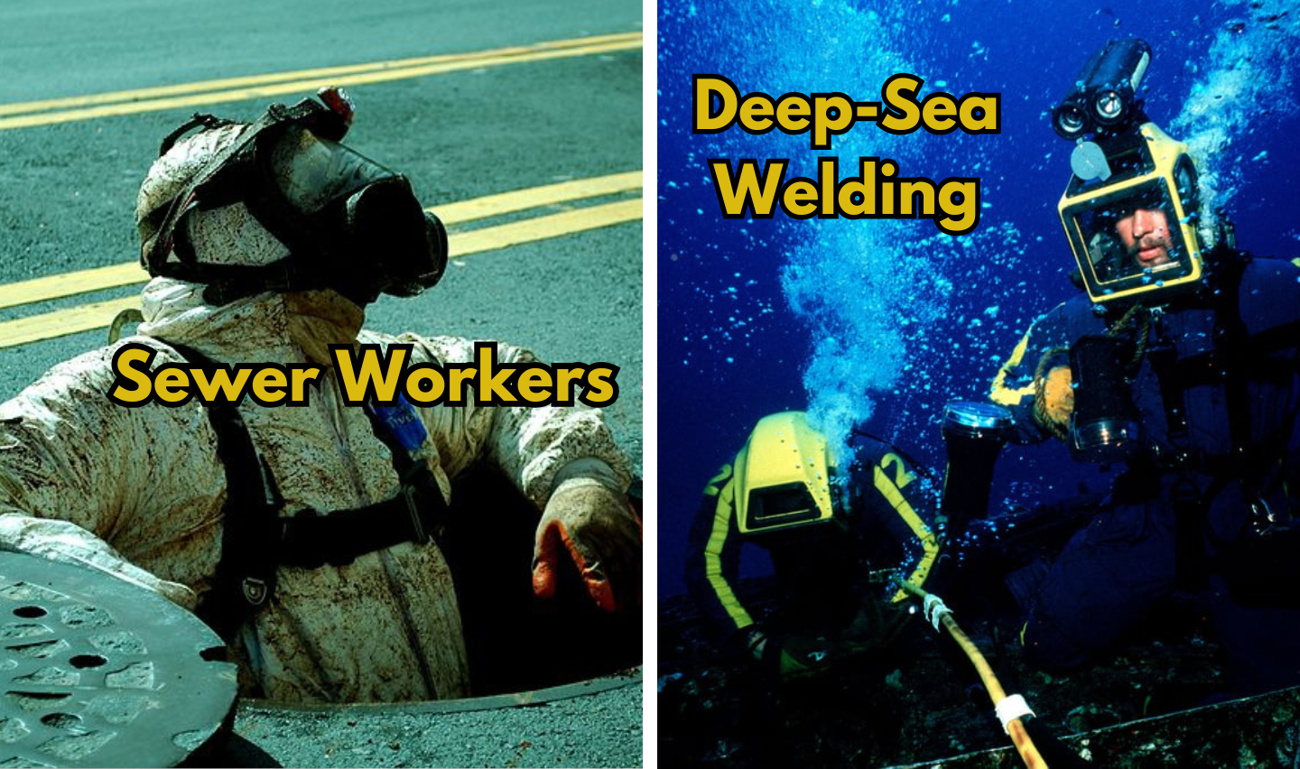 Split image of a sewer worker in protective gear emerging from a manhole, and a deep-sea welder in a diving suit underwater, both with yellow text labels.