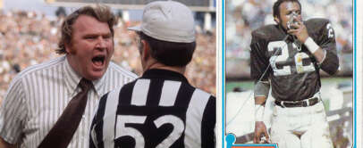 A coach wearing a striped tie yells at a referee on the football field. Beside this scene is a vintage football card showing a player in a black Raiders jersey with number 22, holding a helmet and speaking into a radio device.