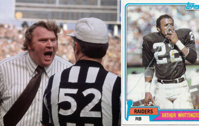 A coach wearing a striped tie yells at a referee on the football field. Beside this scene is a vintage football card showing a player in a black Raiders jersey with number 22, holding a helmet and speaking into a radio device.