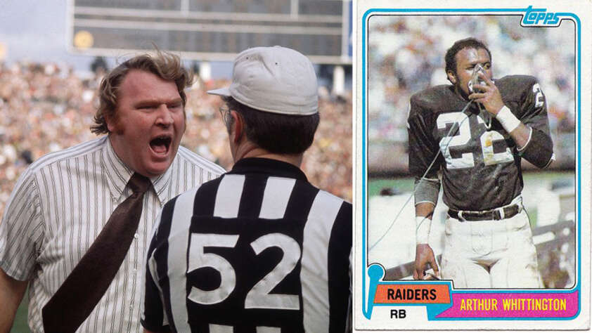 A coach wearing a striped tie yells at a referee on the football field. Beside this scene is a vintage football card showing a player in a black Raiders jersey with number 22, holding a helmet and speaking into a radio device.