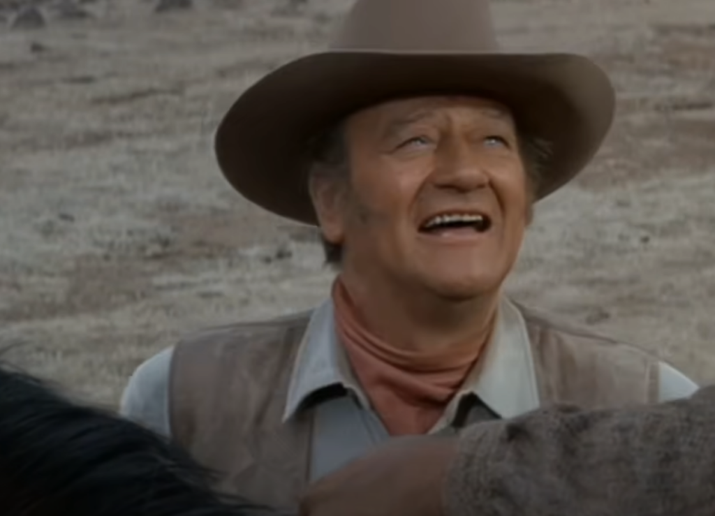 A person wearing a cowboy hat and a scarf smiles while looking upward. They are dressed in a western-style vest and shirt, standing outdoors on a sandy terrain with a horse partially visible in the foreground.