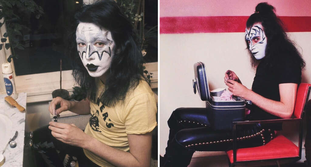 Two side-by-side images of a person with long dark hair and face paint, resembling theatrical makeup. Left: In a yellow shirt at a bathroom sink. Right: Sitting on a red chair, wearing studded pants and using a lunchbox.