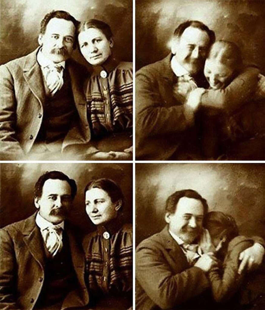 Four sepia-toned vintage photos depict a man and woman posing. In the top two, they are smiling and laughing, with the woman leaning affectionately on his shoulder. The bottom two show a more formal pose on the left and similar affection on the right.