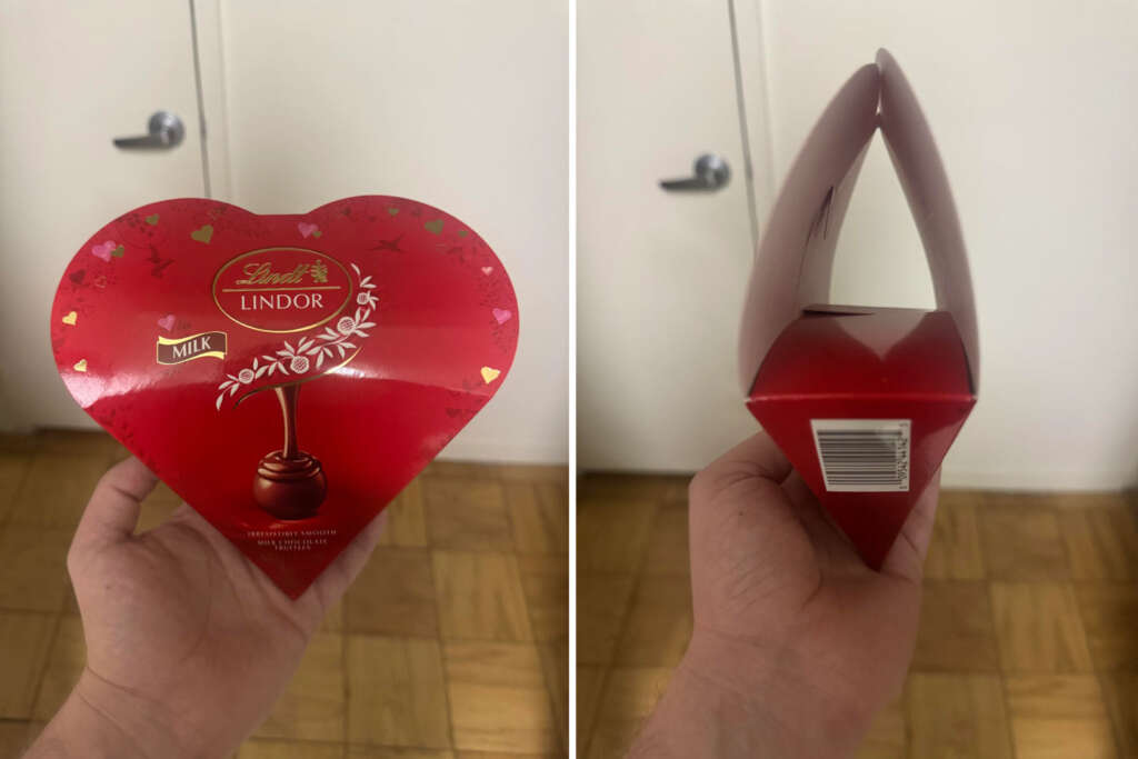 Two images of a heart-shaped Lindt Lindor milk chocolate box. The first image shows the front with red packaging and a chocolate illustration. The second image shows a side view of the closed box with a barcode visible.