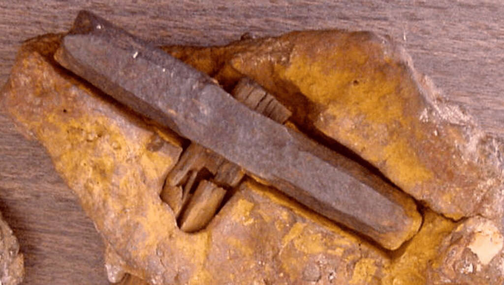 Close-up of a weathered hammer embedded in a yellow-brown rock matrix. The metal parts of the hammer are clearly visible, contrasting with the textured rock surface surrounding it.