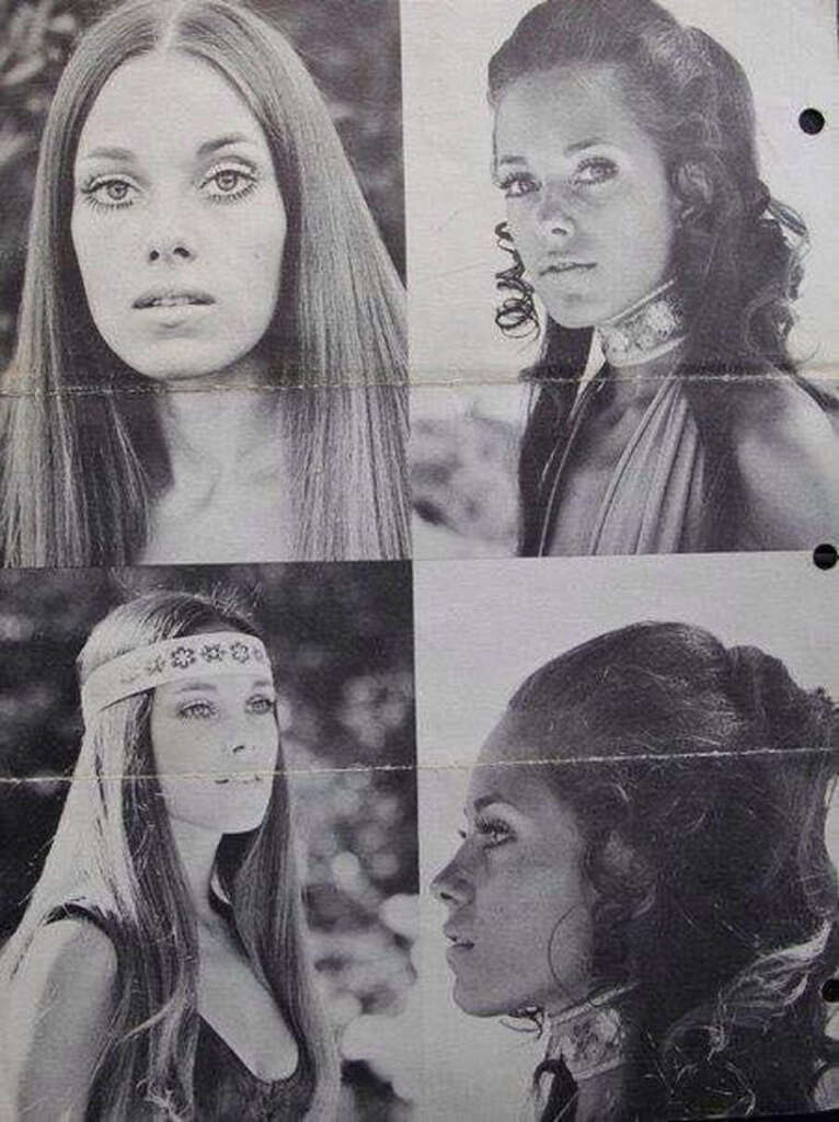 Four black-and-white headshots of women from the 1970s. Top left: woman with long, straight hair; top right: woman with curly hair. Bottom left: woman with headband and long hair; bottom right: woman with styled, voluminous hair.