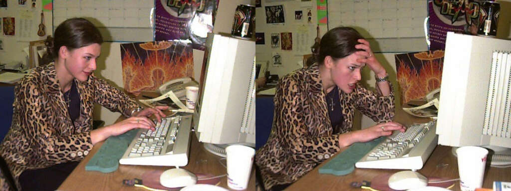 Split image of a woman at a desk with a computer. On the left, she types with a focused expression; on the right, she appears frustrated or stressed, with her hand on her head. The background features posters, a keyboard, mouse, and cups.