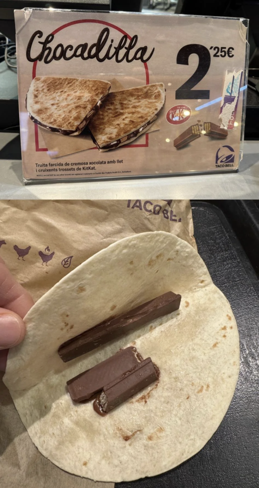 A menu item called "Chocadilla" priced at 2.25€, featuring a tortilla filled with chocolate bars resembling KitKat. The package shows the wrapped product, and the open tortilla reveals two chocolate pieces inside.