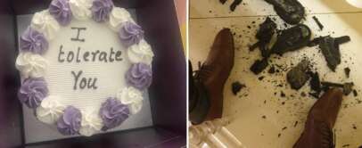 A cake with purple and white frosting reads "I tolerate you." Beside it, a separate image shows a pair of legs in brown shoes near a shattered black ceramic object on the floor.