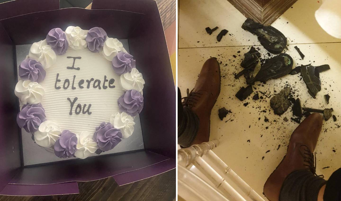 A cake with purple and white frosting reads "I tolerate you." Beside it, a separate image shows a pair of legs in brown shoes near a shattered black ceramic object on the floor.