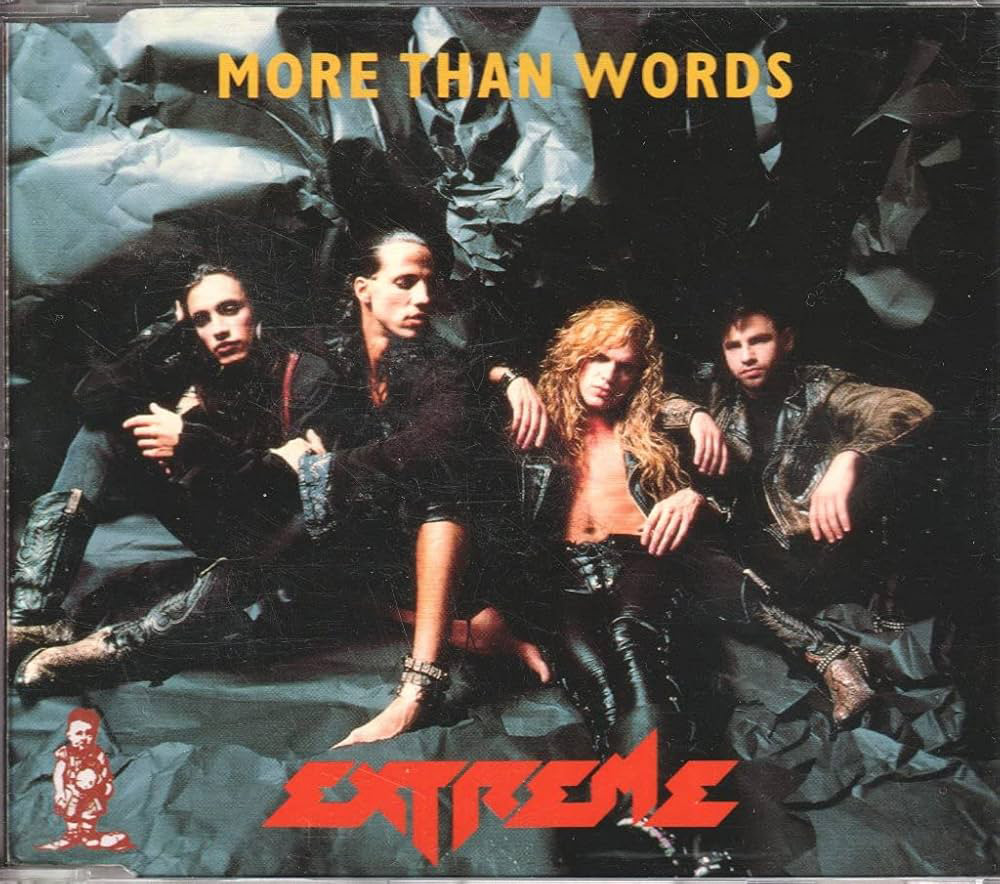 Album cover for "More Than Words" by Extreme, featuring four men seated against a crumpled dark background. They wear black and leather clothing, with one showing long blond hair, and the band's logo in red at the bottom.