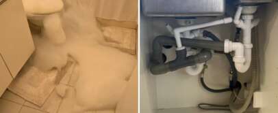 Split image: Left side shows a bathroom with a toilet overflowing with foam onto the floor. Right side shows the underside of a kitchen sink with various pipes and plumbing connections visible.