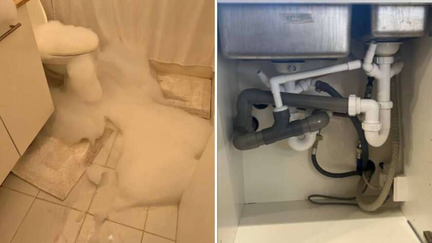 Split image: Left side shows a bathroom with a toilet overflowing with foam onto the floor. Right side shows the underside of a kitchen sink with various pipes and plumbing connections visible.