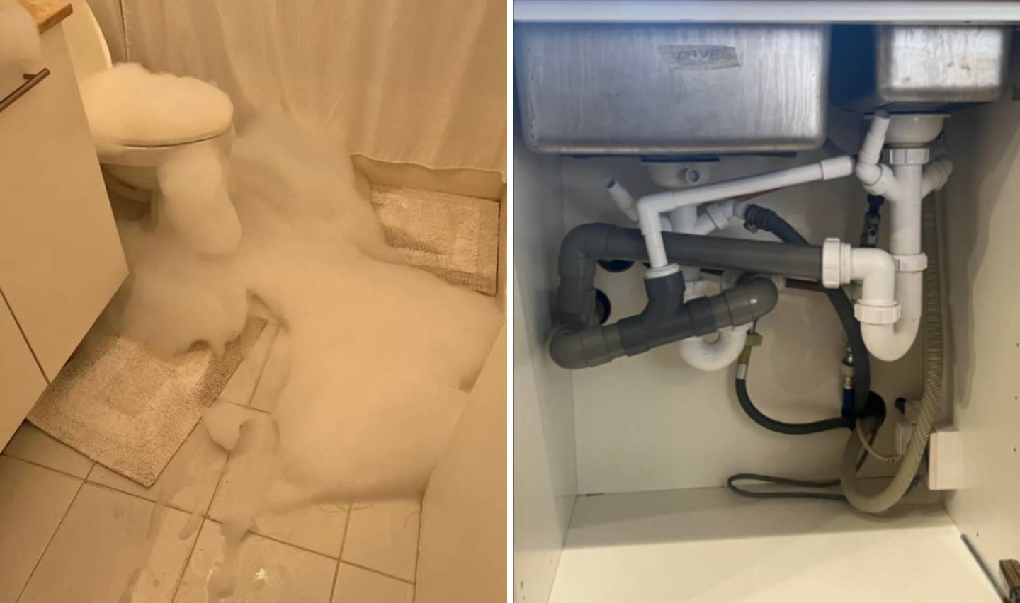 Split image: Left side shows a bathroom with a toilet overflowing with foam onto the floor. Right side shows the underside of a kitchen sink with various pipes and plumbing connections visible.