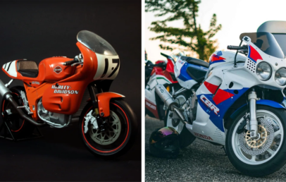 Split image of two vintage motorcycles: Left side is an orange Harley-Davidson with #17 on the fairing, set against a dark background. Right side is a white Honda CBR with red, blue, and white details, parked outdoors near trees.