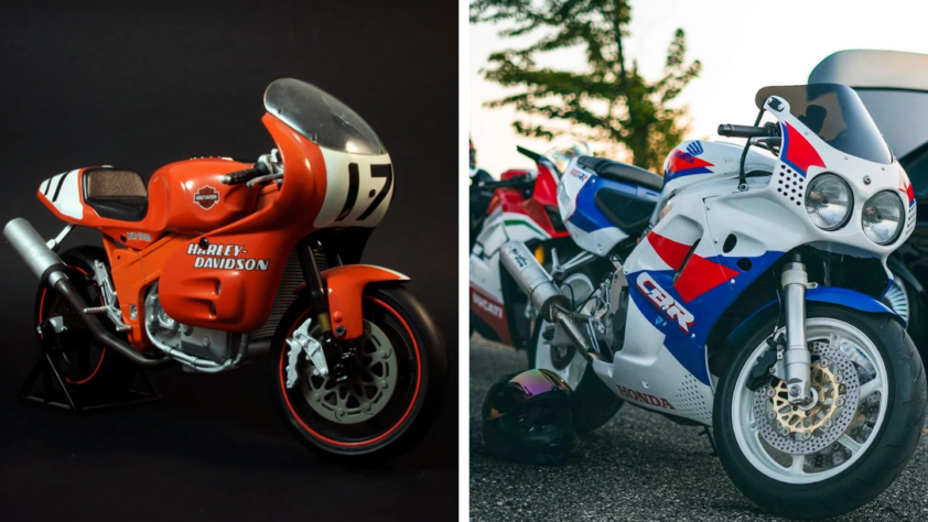 Split image of two vintage motorcycles: Left side is an orange Harley-Davidson with #17 on the fairing, set against a dark background. Right side is a white Honda CBR with red, blue, and white details, parked outdoors near trees.