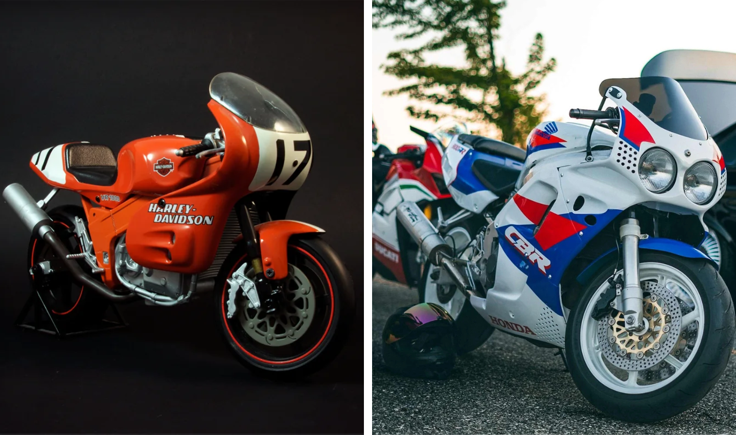 Split image of two vintage motorcycles: Left side is an orange Harley-Davidson with #17 on the fairing, set against a dark background. Right side is a white Honda CBR with red, blue, and white details, parked outdoors near trees.