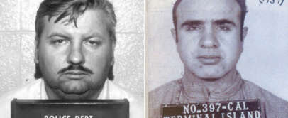 Two side-by-side black-and-white mugshots. The left shows a man with short hair and a mustache, holding a placard reading "Police Dept. Des Plaines, Ill." The right shows a bald man with a placard reading "No. 397-Cal Terminal Island 1-7-39.