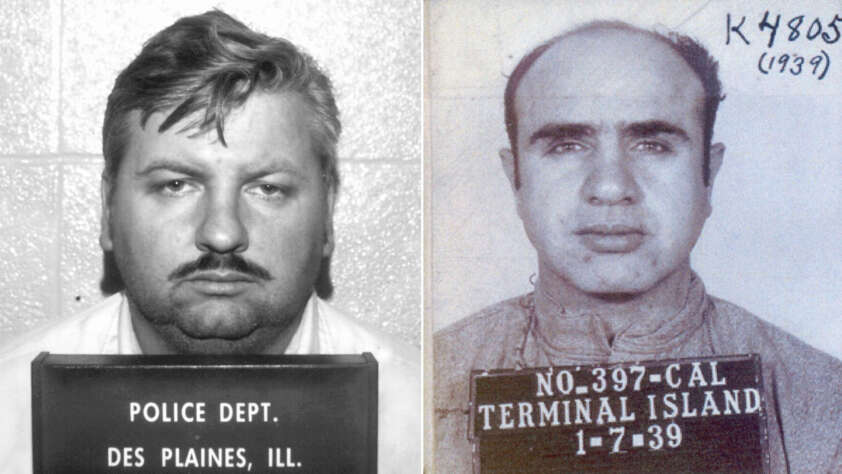 Two side-by-side black-and-white mugshots. The left shows a man with short hair and a mustache, holding a placard reading "Police Dept. Des Plaines, Ill." The right shows a bald man with a placard reading "No. 397-Cal Terminal Island 1-7-39.