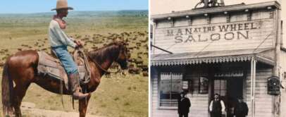 Left side: A cowboy on horseback overlooks a herd of cattle on a grassy plain. Right side: Four men stand in front of a saloon labeled "Man at the Wheel," with one man on the roof holding a wheel. The scene captures a historical Western vibe.