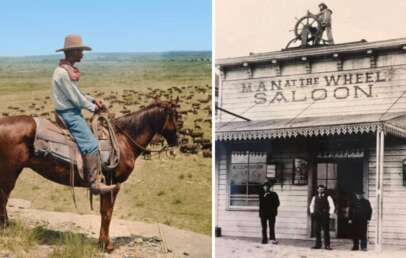 Left side: A cowboy on horseback overlooks a herd of cattle on a grassy plain. Right side: Four men stand in front of a saloon labeled "Man at the Wheel," with one man on the roof holding a wheel. The scene captures a historical Western vibe.