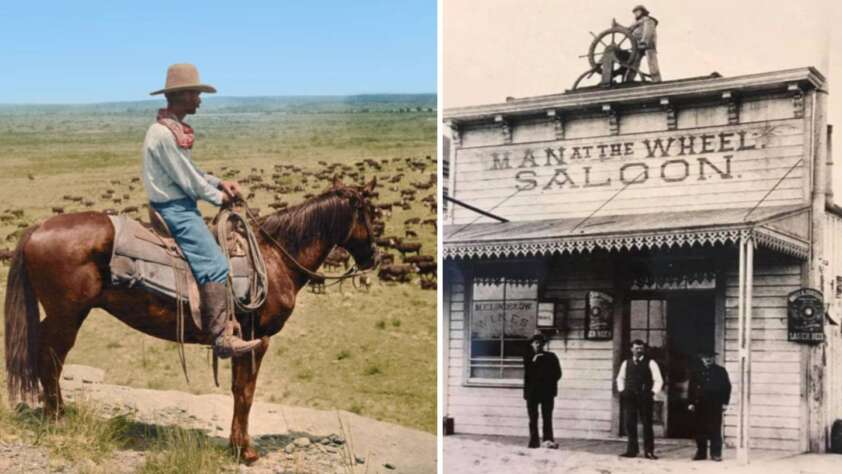 Left side: A cowboy on horseback overlooks a herd of cattle on a grassy plain. Right side: Four men stand in front of a saloon labeled "Man at the Wheel," with one man on the roof holding a wheel. The scene captures a historical Western vibe.