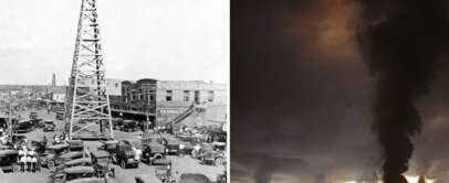 Left: A black-and-white photo of an early 20th-century oil derrick surrounded by numerous vintage cars and people. Right: A dramatic scene of large plumes of smoke rising against a dark sky, likely from oil fires.