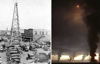 Left: A black-and-white photo of an early 20th-century oil derrick surrounded by numerous vintage cars and people. Right: A dramatic scene of large plumes of smoke rising against a dark sky, likely from oil fires.